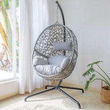 Grey Hanging Rattan Egg Chair w/ Cushion & Steel Stand - Outdoor & Indoor Use