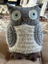 OWL Doorstop Door Stop Gray Ivory Cloth 9” Stuffed & Weighted