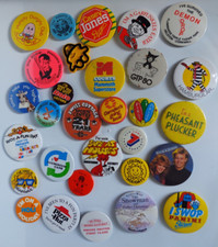 Vintage UK Advertising Pin Badge Collection - 28 Retro Button Badges