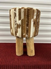 Rustic Cowhide Patchwork Stool Solid Wood Legs Western Boho Country Accent 17”