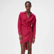 Zara Woman New Belted Mini Dress Tied Fuchsia Pink Long Sleeves S Small