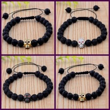 Fashion Man's Zircon Skull Head Black Lava Stone Macrame Bracelets Jewelry 8mm