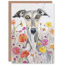 Greeting Card Cute Whippet in Wildflowers Dog Lover Watercolour Birthday