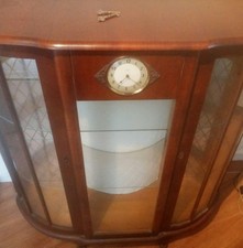Vintage drinks display cabinet bow front glass c1940s clock