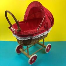 Vintage Wooden Wicker Polka Dot Red White Baby Doll Pram Buggy 1970s 1980s