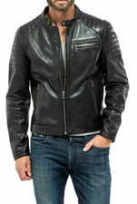 Men Retro Style Black Leather Jacket Real Lambskin Leather Motorcycle Biker Coat
