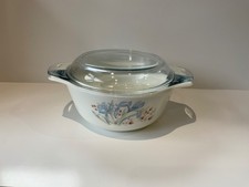 Vintage Pyrex England Blue Iris Casserole Dish with Lid Set Floral 1970s