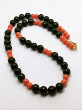 Gold Tone Nephrite Jade and Coral Beaded Necklace