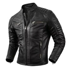 Men's Real Cowhide Leather Black Biker Jacket Quilted Panels Cafe Racer Jacket