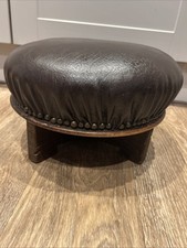 Vintage Old Wooden Footstall Leather Covered with Brass Studs Hand Carved Old