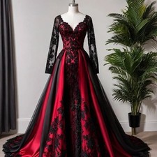 Red+Black Gothic Wedding Dress V-Neck Long Sleeves Vintage A-Line Lace Appliques