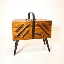 Vintage Wooden Cantilever Sewing Box 35" Full Length on Legs
