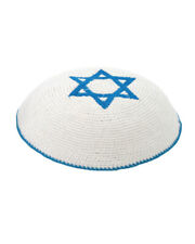 White Blue Star Of David Knitted Yarmulke Kippah 16 cm Cupples Jewish Kippa Hat