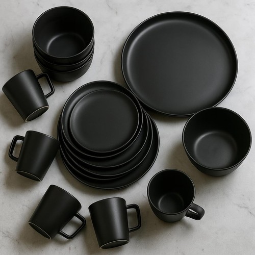 Black stoneware dinner set - black,