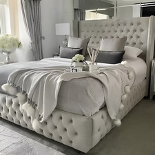 New Winged Bed Frame Plush Velvet Upholstered Ottoman Gas Lift Storage Double UK