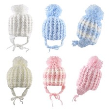 Baby Bobble Hat Knitted Beanie Cap Ear Flaps Chin Ties Newborn Infant 0-12 Month