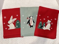 Crate & Barrel VTG Waffle Weave Kitchen Towel Set/3 Red White Jolly Trio