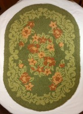 Vintage Green Floral Punch Hook Oval Rug  - 25 x 36 Inches
