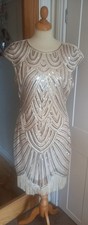 1920’s Style Ivory Silver Beaded Sequined Fringed Flapper Dress Gatsby Dance M