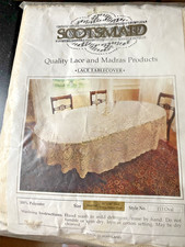 VINTAGE CREAM POLYESTER LACE & MADRAS LARGE OVAL TABLECLOTH ~ 90" x 70" ~FLORAL