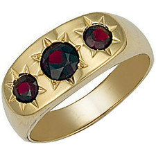 Gents Three Stone Garnet Ring 9ct Yellow Gold Gypsy Style Setting Hallmarked