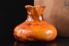 F7541: Japanese Ohi-ware Brown glaze FLOWER VASE Ikebana, auto w/signed box