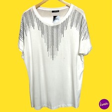 QUIZ Women's Diamante Studded Blouse, Cotton Blend, White, UK M/L | EU 40/42