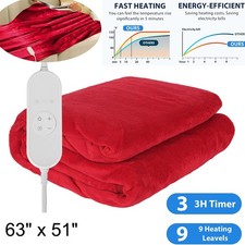 Electric Heated Fleece Throw Blanket Double Large 63"x51" 9 Heat Settings Timer