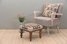Handcrafted Acacia Wood Stool with Decorative Kilim Upholstery | Elegant Footsto