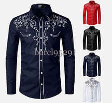 Mens Western Cowboy Shirt Long Sleeve Retro Embroidery Casual Buttons Down Shirt