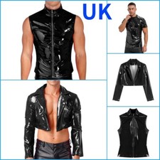 UK Mens Wet Look PVC Leather T-Shirt Muscle Tops Undershirt Dancewear Clubwear