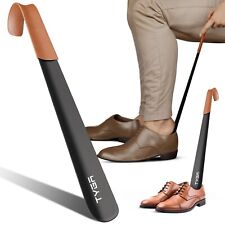 TYGA STORE Metal Shoe Horn – 42cm Long Shoehorn Black With Leather Handled Strap