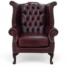 Queen Anne Italian Leather Chesterfield Buttoned High Back Chair Burgundy