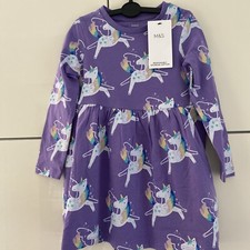 M&S Girls Purple Unicorn Cotton Dress Size 2-3 Years Long Sleeves - Brand NEW