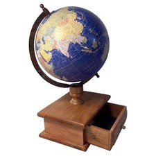 20cm Globe with Wooden Base & Drawer - Rotating Vintage World Globe