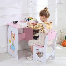 Two-Piece Kids Desk and Chair Set with Storage Wooden Writing Study Table Stool