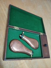 Pair James Dixon SMALL PISTOL POWDER FLASKS Shot Percussion Gun Hammer Cased Box