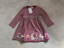 BNWT Jojo Maman Bebe Maroon Striped Dress With Bunnies Appliqué To Hem Age 3-4