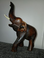 Vintage Large Carved Wood Elephant , Tusks , Smaller Carved Baby Included