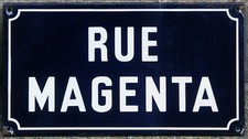 Old blue vintage French enamel street sign road plaque rue Magenta Battle of