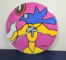 Glass Wall Clock Ft. Artwork By Popular Dutch Artist, Corneille (1922-2010) 90s