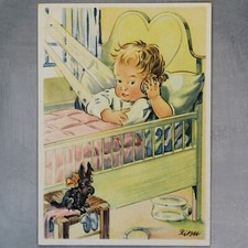 Small SCOTTISH TERRIER Baby Alarm clock Old postcard 1947 BURKHARDT-UNTERMHAUS🐶