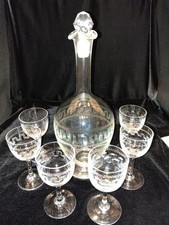 Antique Victorian Crystal Engraved Glass Decanter & 6 Liquor Glasses Set  C1900