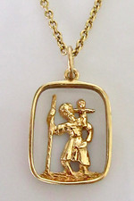 St. Christopher Necklace - 9ct Gold Open Rectangular Pendant & 9ct Chain