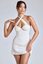 Oh Polly Dress White Mini A-Line Halter Cross-Neck Women