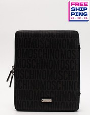 RRP€280 MOSCHINO Clutch Bag Saffiano Panel Leather Trim Logo Print Zip Closure