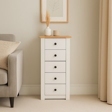 White Tallboy Chest of Drawers Solid Pine 5 Drawer Narrow Bedroom Storage Unit