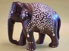 Vintage Indian Inlaid Wooden Elephant Figurine Sculpture - Collectible