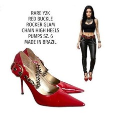 RARE 2000'S VTG. RED CHAIN LINK BIG BUCKLE STILETTO HEELS  6 EUC MADE IN BRAZIL