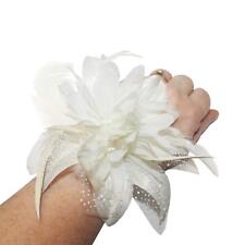 Wedding / Prom Wrist Flower & Feather Corsage on Pearl Bracelet - Cream